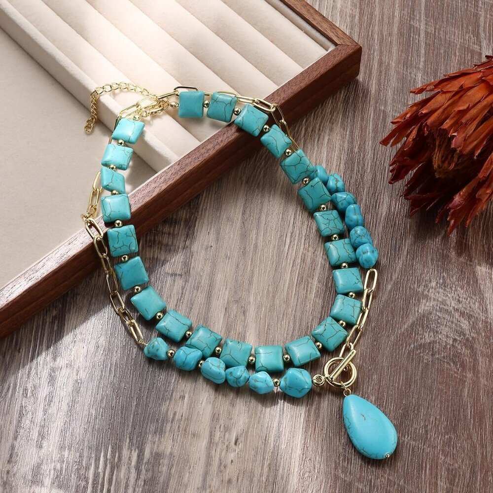 Boho Turquoise Pendant Necklace - Chunky Beaded Design for Stylish Women - Picture 6 of 7